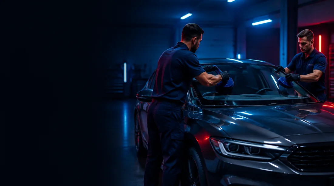 Teknisyen otomobile yeni ön cam takıyor