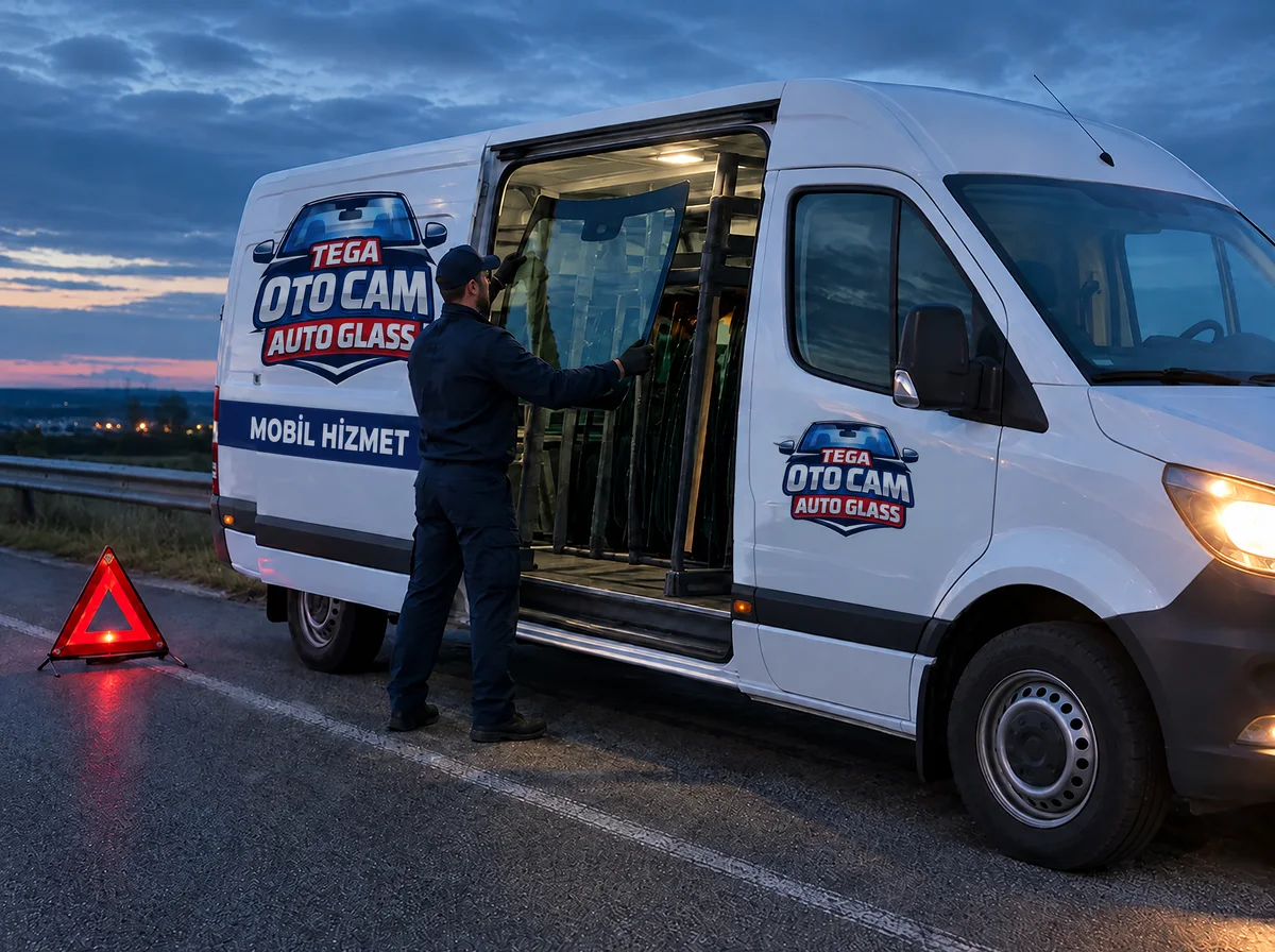 TEGA Otocam logolu mobil hizmet aracından yol kenarında ön cam çıkarılıyor