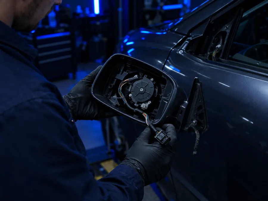 Teknisyen sökülmüş aynanın katlanma motorunu ve kablosunu kontrol ediyor