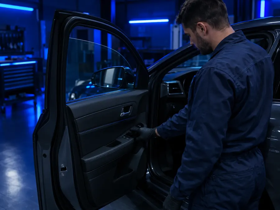 Teknisyen onarılan cam krikosunu düğmeden test ediyor