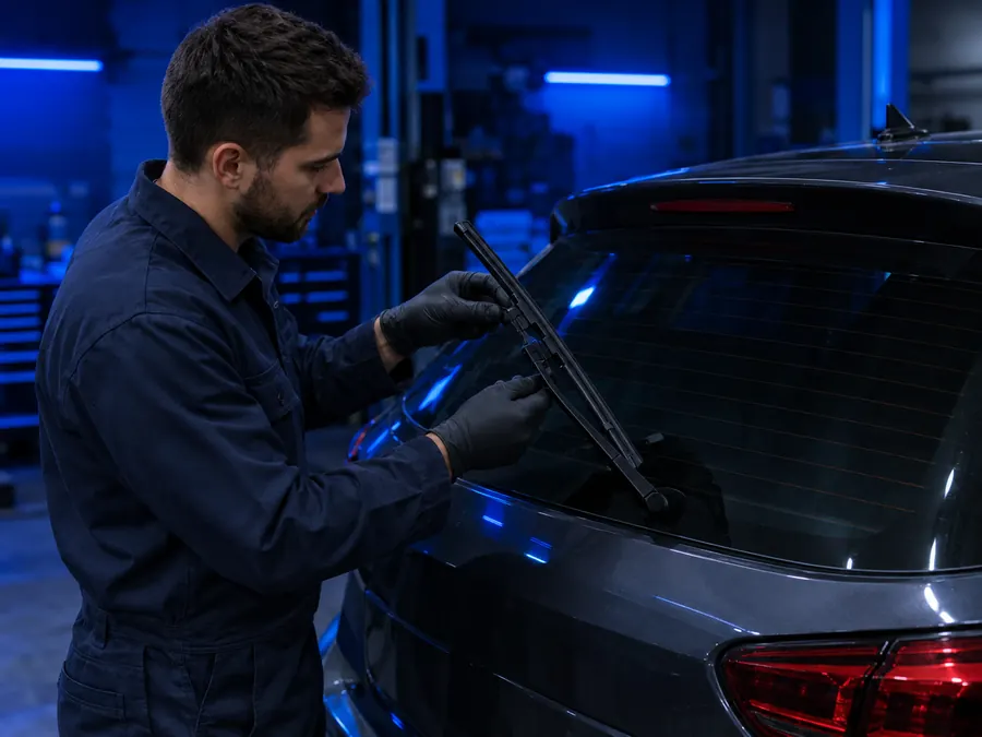 Teknisyen hatchback aracın arka sileceğini değiştiriyor