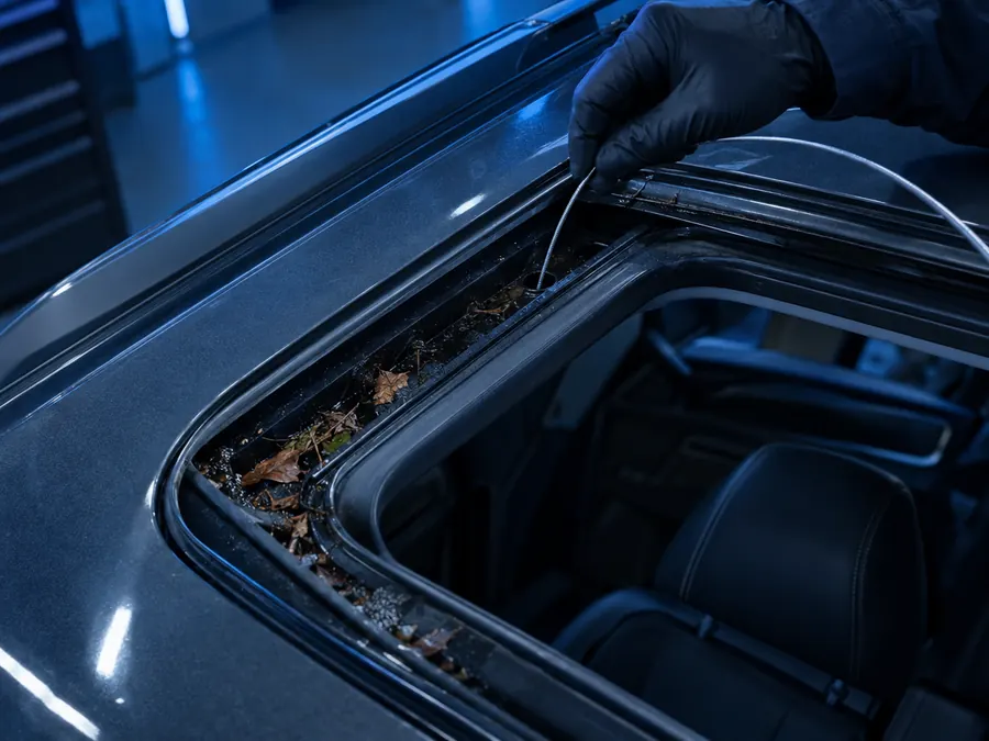 Sunroof tahliye deliğine temizlik teli sokuluyor